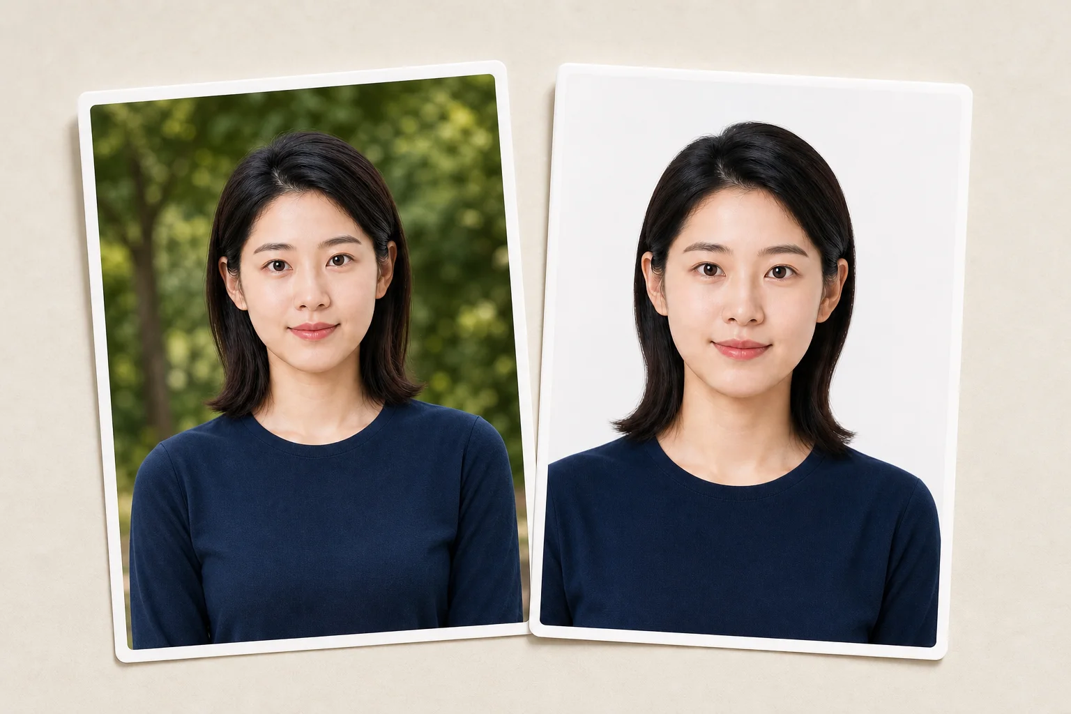 女性生活照转换为标准证件照的前后对比