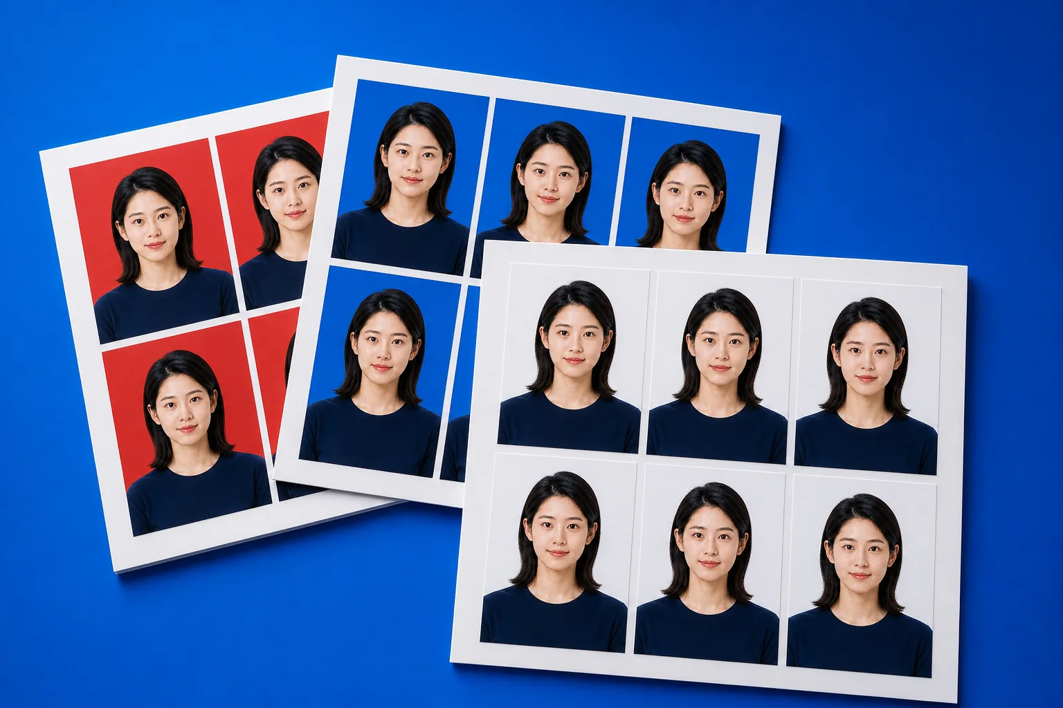 女性白色、蓝色和红色背景的证件照排版照